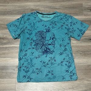 Robert Graham Medium T Shirt Blue Hillwalk Cotton Foilage Skull Monstera Leaf